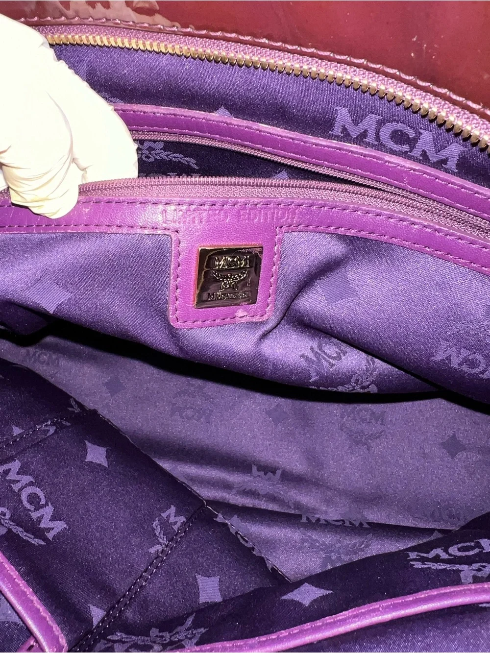 MCM Patent Tote in Dark Brown with Plum Handles